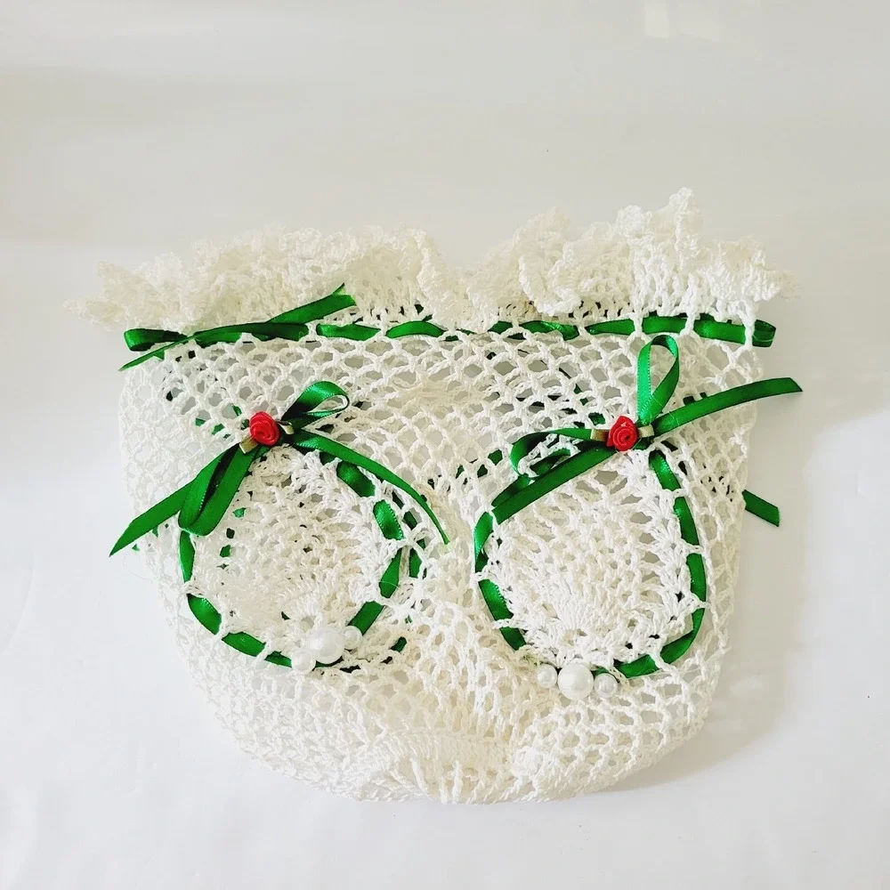 White Crochet Tissue Box Cover With Roses Green Ribbon Holiday MCM BOHO Country